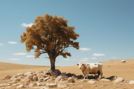 a cow standing next to a tree in a fieldの素材