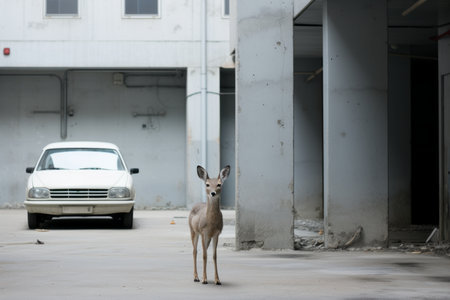 a deer standing in a parking lot next to a carの素材