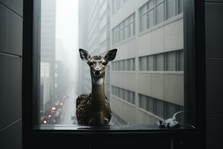 a deer standing in front of a window in a cityの素材
