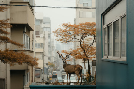 a deer standing on a ledge in front of a buildingの素材