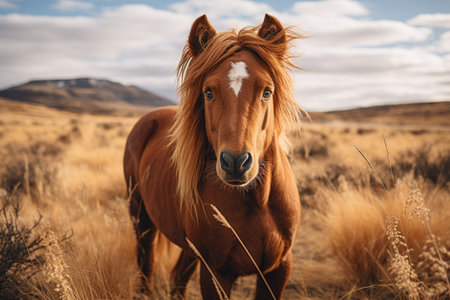 a horse with long hair standing in the middle of a fieldの素材