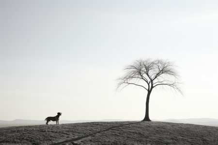 a dog standing in front of a tree on top of a hillの素材