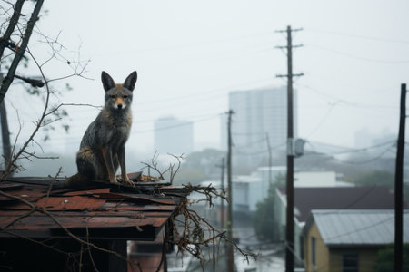 a fox sits on top of a roof in the cityの素材