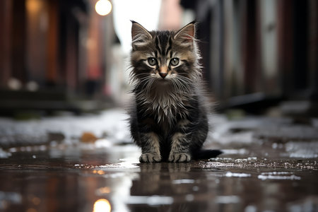a kitten sitting on the ground in the rainの素材