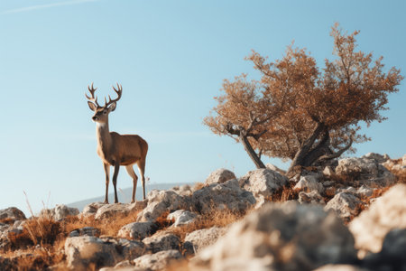 a deer stands on a rocky hill with a tree in the backgroundの素材