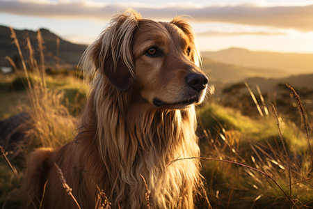a golden retriever sitting in a grassy fieldの素材