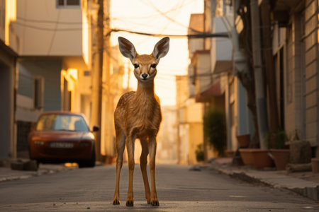 a deer standing in the middle of a city streetの素材