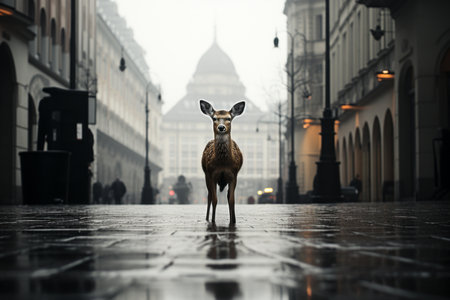 a deer stands in the middle of a city streetの素材