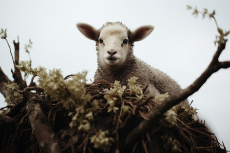 a lamb is sitting on top of a treeの素材