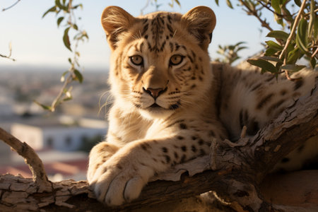 a leopard is sitting on a branch in front of a cityの素材