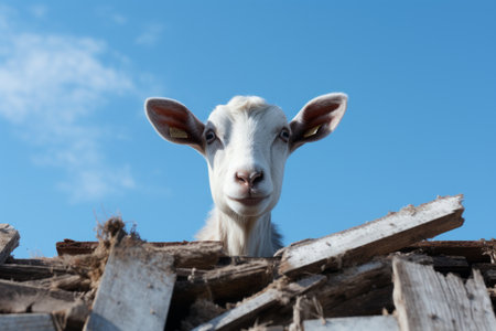 a goat looking over a pile of wood on a sunny dayの素材