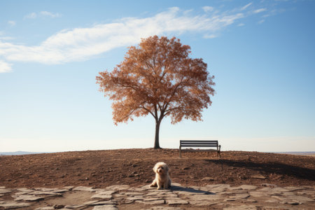 a dog sitting under a tree with a bench in the backgroundの素材