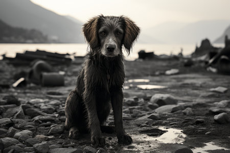 a dog sitting on a rocky beach with water in the backgroundの素材