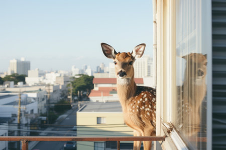 a deer is standing on a balcony with a city in the backgroundの素材