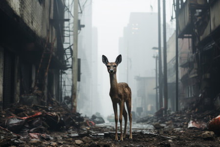 a deer stands in the middle of a city streetの素材
