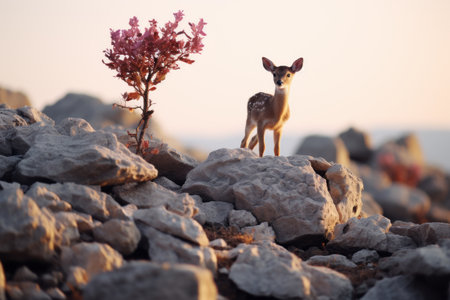 a deer stands on top of some rocks near a pink flowerの素材