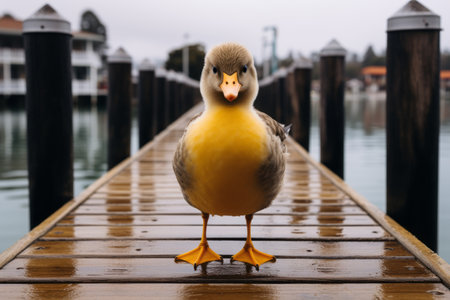 a duck standing on a dock in front of a body of waterの素材