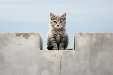 a gray kitten sitting on top of a concrete wallの素材