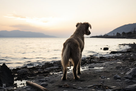 a dog standing on a rocky beach with a body of water in the backgroundの素材