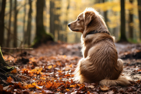 a golden retriever sitting in the middle of a forestの素材