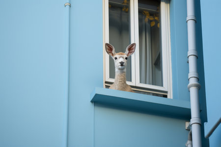 a llama looking out of a window on a blue buildingの素材