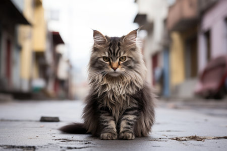 a long haired cat sitting on the streetの素材