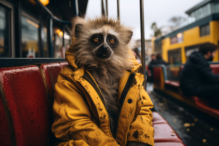 a monkey wearing a yellow jacket sitting on a busの素材