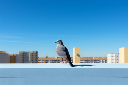 a pigeon is standing on the edge of a buildingの素材