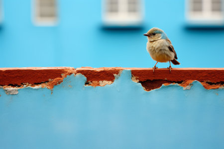 a small bird perched on a wall near a blue buildingの素材