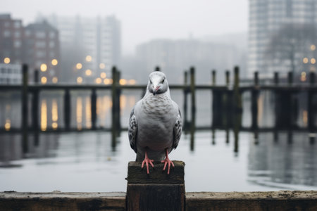 a pigeon is standing on a wooden post in front of a body of waterの素材