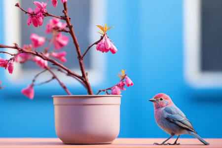 a small bird sitting on a table next to a flower potの素材