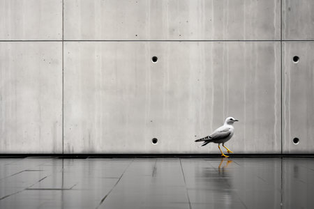 a seagull standing in front of a concrete wallの素材