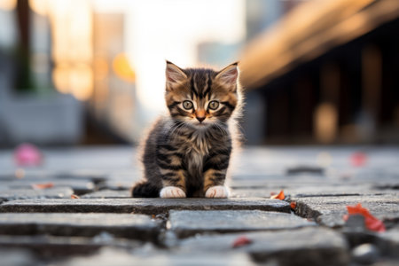 a small kitten is sitting on a cobblestone streetの素材