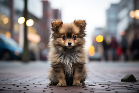 a small dog sitting on the ground in front of a buildingの素材