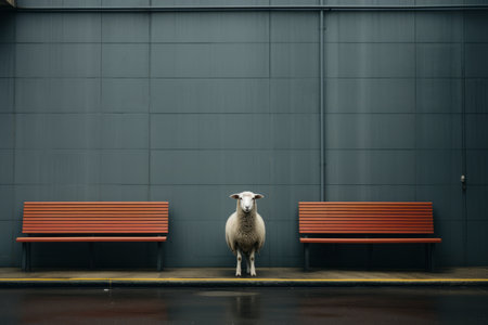 a sheep is standing in front of two benchesの素材
