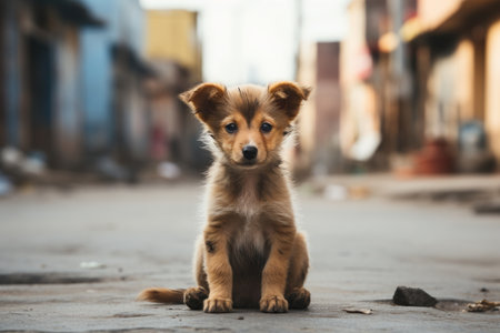 a small brown and white dog sitting on the streetの素材