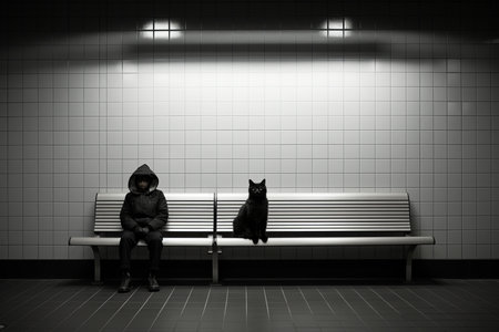 a person sitting on a bench next to a black catの素材