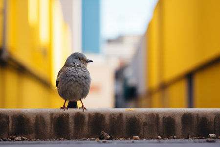 a small bird sitting on a ledge in front of a yellow buildingの素材