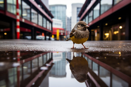 a small bird standing on a wet pavementの素材