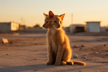 a small orange cat sitting on the groundの素材