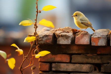 a small yellow bird perched on a brick wallの素材