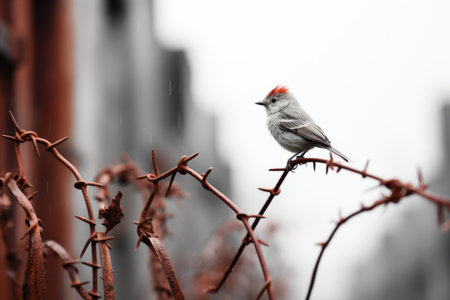 a small bird perched on a barbed wire fenceの素材