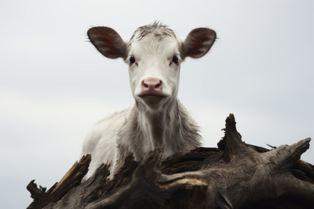 a small white cow standing on top of a logの素材