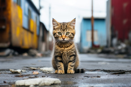 a small kitten sitting on the ground in front of a buildingの素材