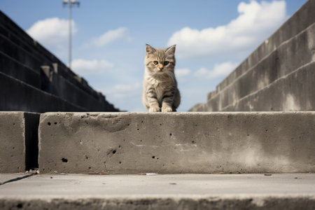 a small kitten standing on top of concrete stepsの素材