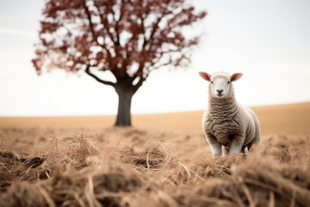 a sheep standing in a field next to a treeの素材