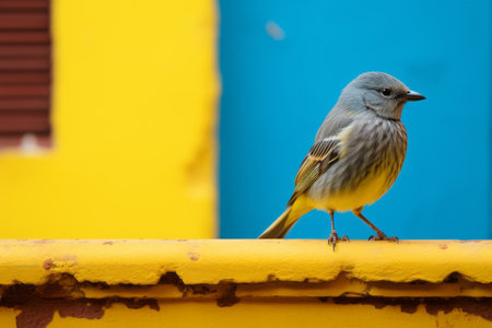 a small bird standing on a yellow ledgeの素材