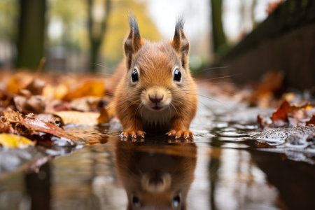 a squirrel is standing in a puddle of water with leaves on the groundの素材
