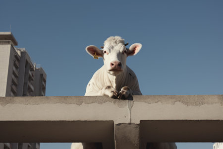 a white cow that is sitting on a ledgeの素材