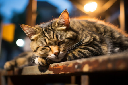 a tabby cat sleeping on a bench at nightの素材